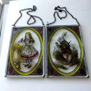 Vintage Alice In Wonderland Art Glass Sun Catcher Stained Glass Hanging Art